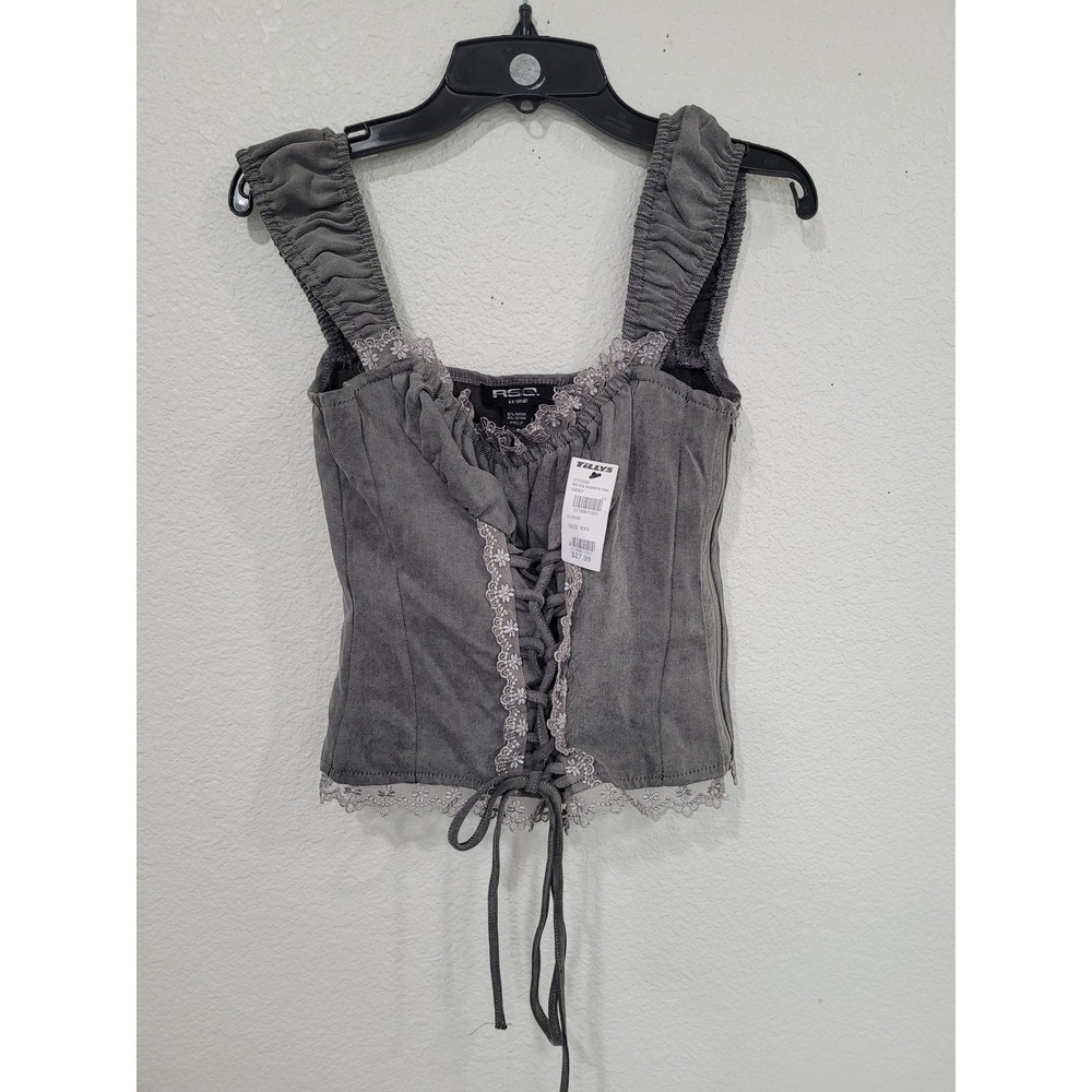 RSQ Washed Gray‎ Lace Up Corset Top Floral Lace Trim XXS New With Tags #22
